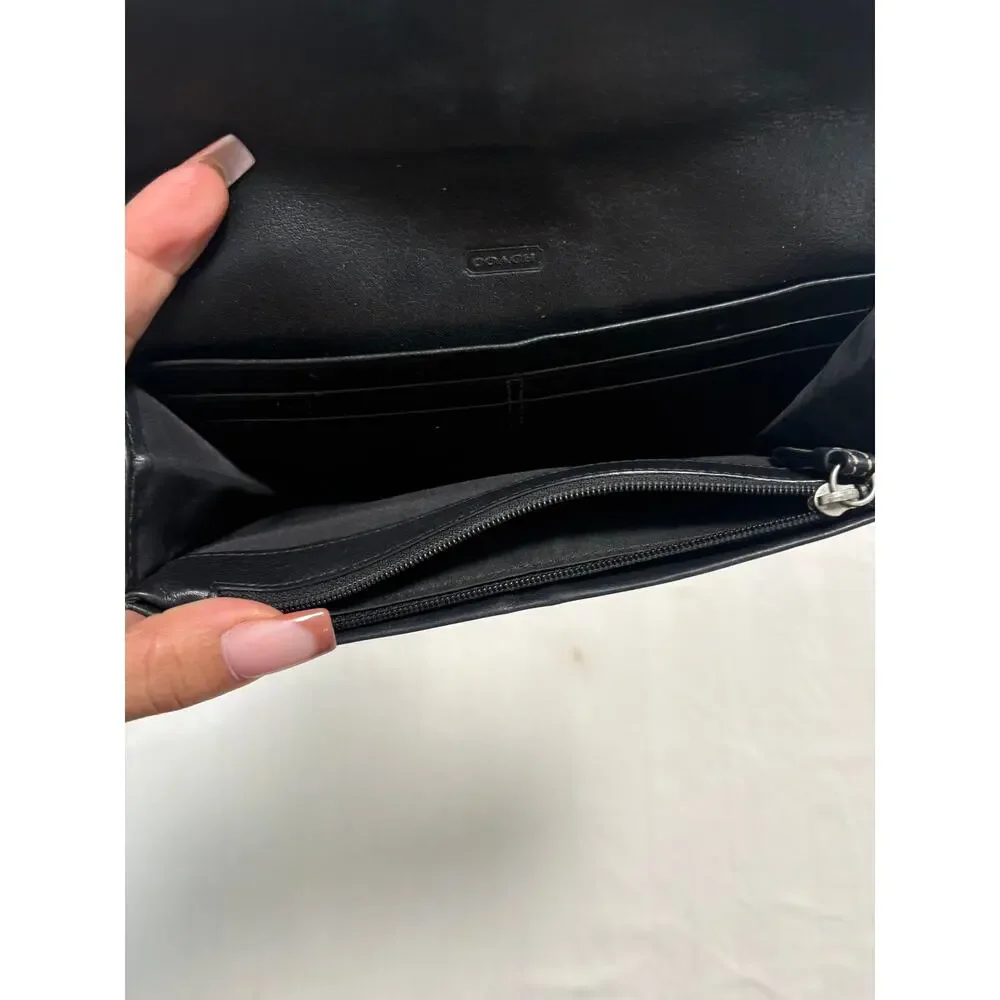 Vintage Coach Black Leather Buckle Continental Wallet Y2K Silver Hardware
